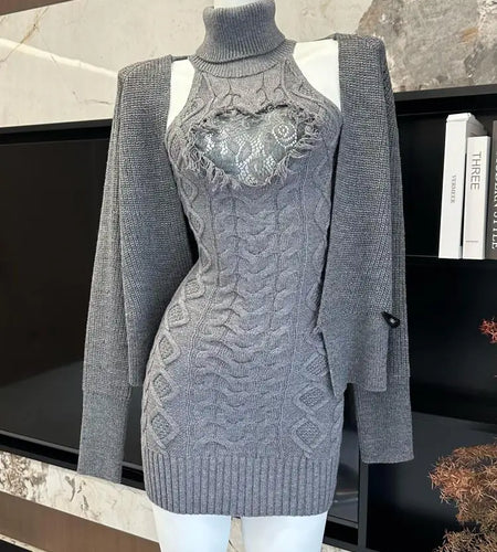 Retro New Two Piece Set Women Grey Lace Elegant Knitted High Neck Sleeveless Knit Slim Dress And Long Sleeve Short Cardigan Tops