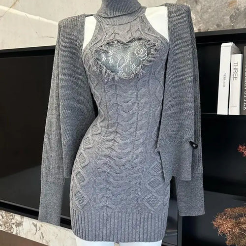 Load image into Gallery viewer, Retro New Two Piece Set Women Grey Lace Elegant Knitted High Neck Sleeveless Knit Slim Dress And Long Sleeve Short Cardigan Tops
