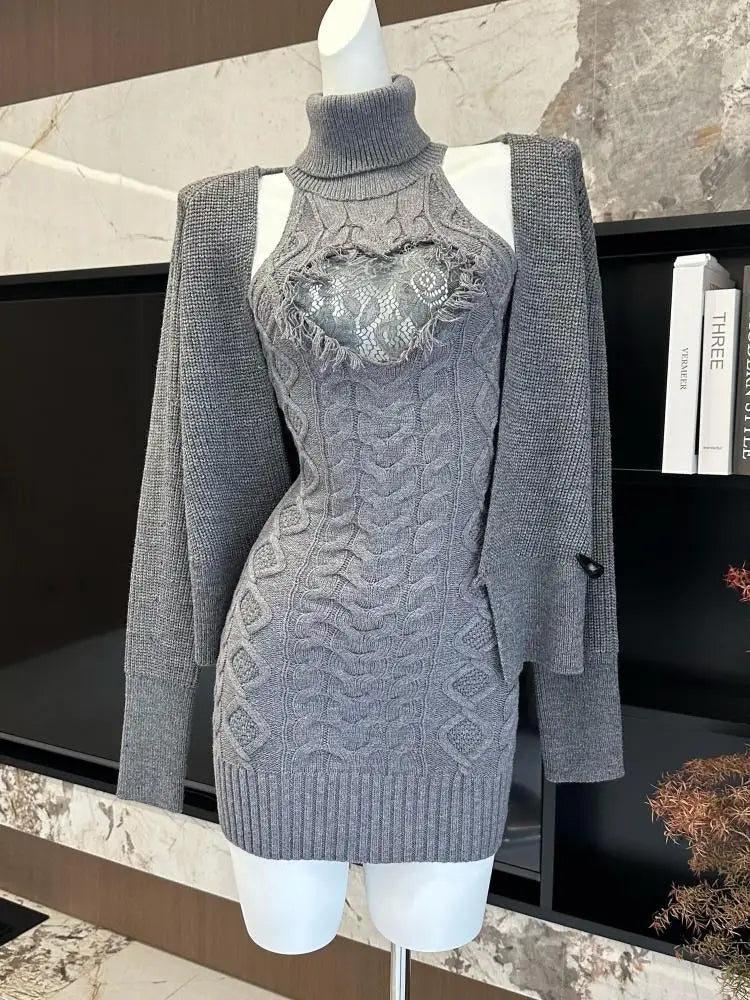 Retro New Two Piece Set Women Grey Lace Elegant Knitted High Neck Sleeveless Knit Slim Dress And Long Sleeve Short Cardigan Tops