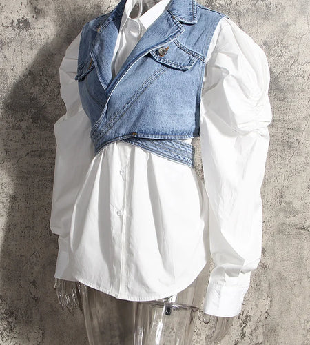 Women Blue Denim Irregular Blouse New Lapel Long Puff Sleeve Loose Fit Shirt Fashion Tide Spring Autumn 2025 1Z595