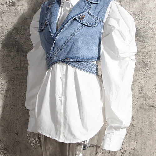 Load image into Gallery viewer, Women Blue Denim Irregular Blouse New Lapel Long Puff Sleeve Loose Fit Shirt Fashion Tide Spring Autumn 2025 1Z595
