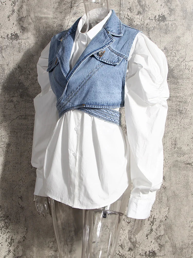 Women Blue Denim Irregular Blouse New Lapel Long Puff Sleeve Loose Fit Shirt Fashion Tide Spring Autumn 2025 1Z595