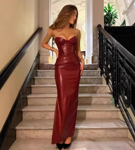 Autumn Strapless Party Dresses 2024 New Arrivals Wine PU Corset  Dress Sexy Midi Bodycon Night Event Dress Women