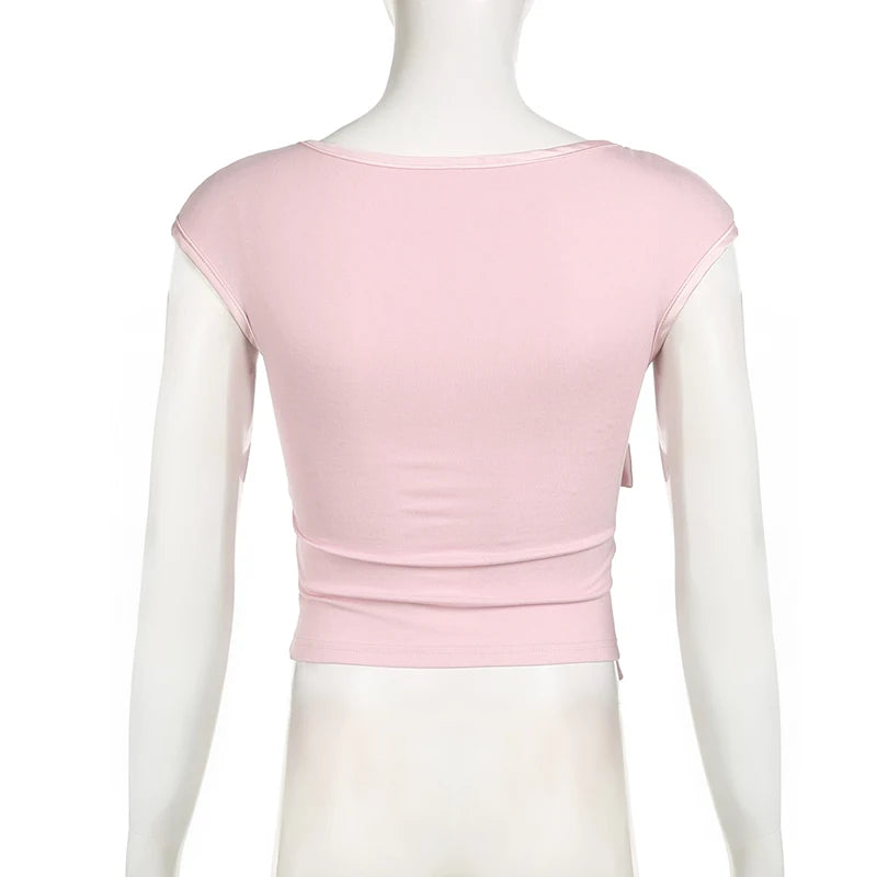 Sweet Pink Slim Summer T shirts Female Korean Fashion Tie-Up Bow Girls Y2K Kawaii Basic Tee Cropped Top Cute Coquette