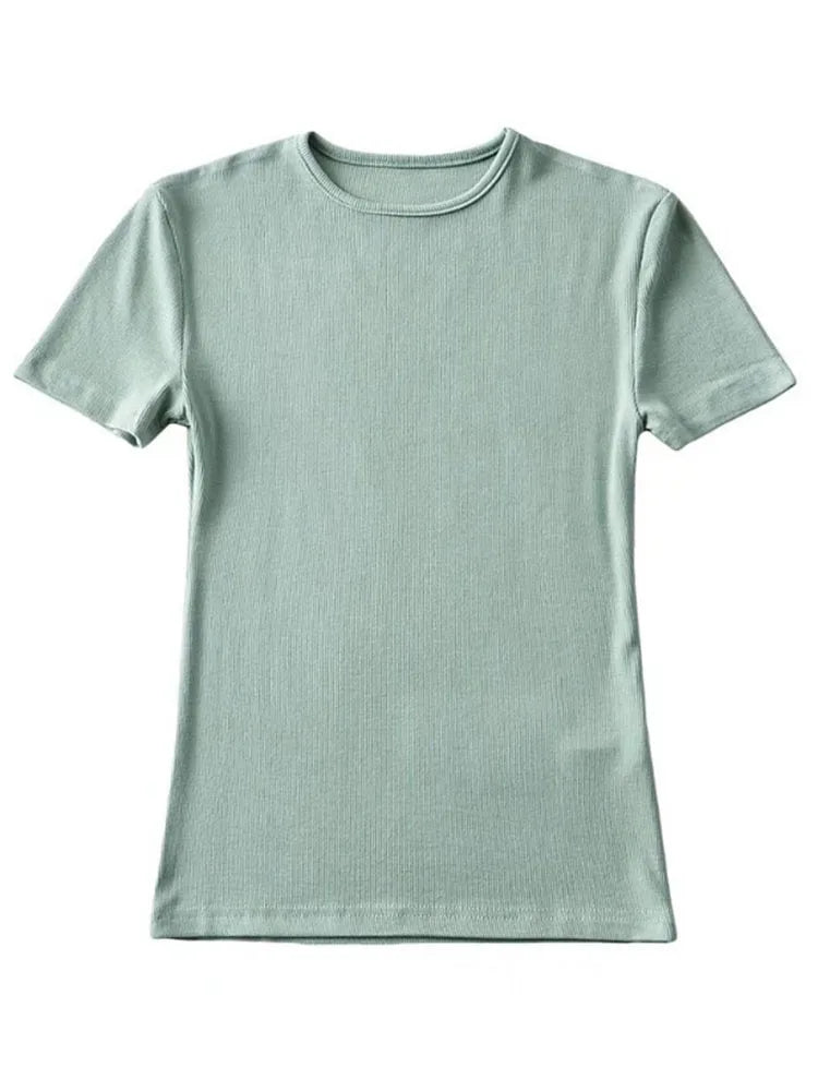 Casual Summer Woman Skinny Fit T-shirt Tight Short-Sleeve O-neck Tee Basic Solid Crop Tops T Shirt