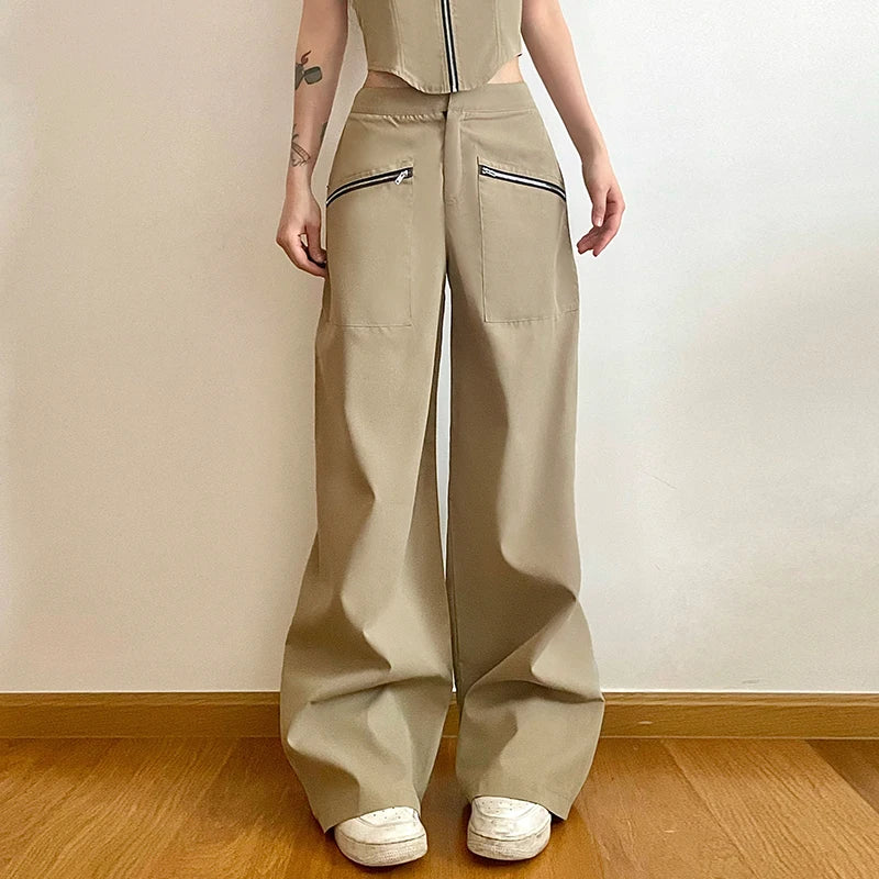 Streetwear Zipper Straight Leg Female Trousers Solid Harajuku Retro Solid Baggy Suit Pants Low Waist Sweatpants