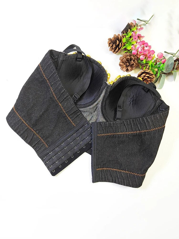 Temperament Patchwork Diamonds Denim Vests For Women Strapless Sleeveless Sexy Chic Vest Female Fashion