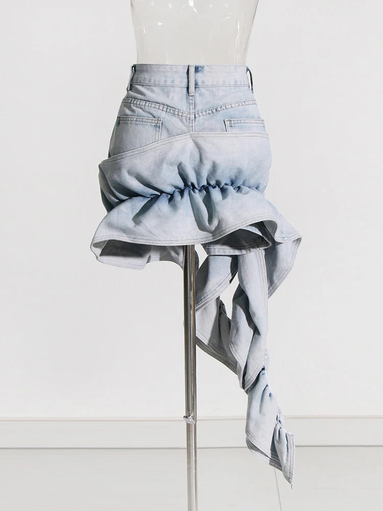 Patchwork Ruffles Asymmetrical Denim Skirts For Women High Waist Spliced Pockets Streetwear Slimming Bodycon Skirt Female