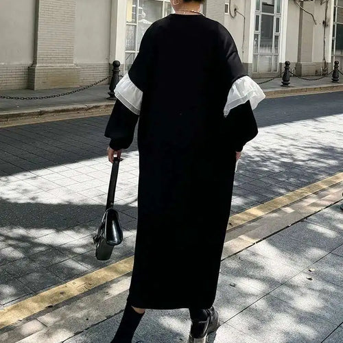 Load image into Gallery viewer, Women Black Ruffles Spliced Big Size Long Casual Dress New Round Neck Long Sleeve Fashion Tide Spring Autumn 2025 1DH7701
