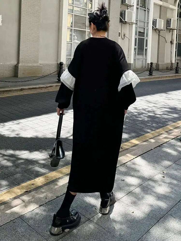 Women Black Ruffles Spliced Big Size Long Casual Dress New Round Neck Long Sleeve Fashion Tide Spring Autumn 2025 1DH7701