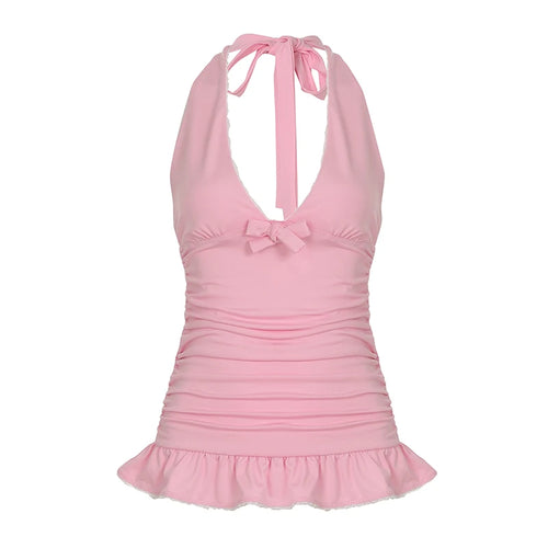 Load image into Gallery viewer, Pink Sweety Slimming Backless Halter Camis Women Summer Holiday With Bow Folds Tops Y2K Aesthetics Sexy Clothes Chic

