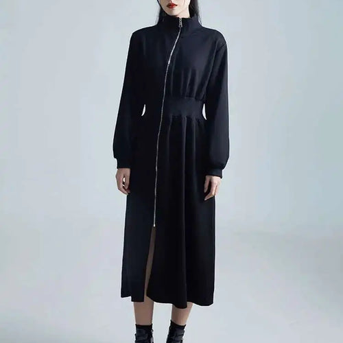 Load image into Gallery viewer, Women Black Zipper Slit Big Size Midi Dress New Half High Collar Long Sleeve Loose Fit Fashion Spring Autumn 2025 1DH2442
