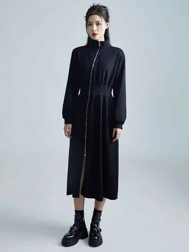Women Black Zipper Slit Big Size Midi Dress New Half High Collar Long Sleeve Loose Fit Fashion Spring Autumn 2025 1DH2442