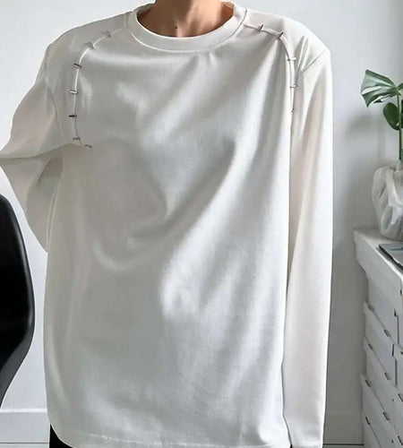 Women White Shouder Padded Big Size T-shirt New Round Neck Long Sleeve  Loose Fit Tees Fashion Spring Autumn 2025 1DH2633