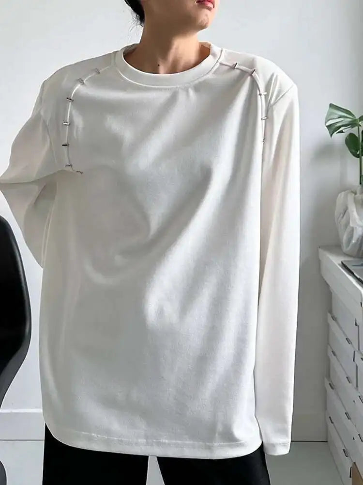 Women White Shouder Padded Big Size T-shirt New Round Neck Long Sleeve  Loose Fit Tees Fashion Spring Autumn 2025 1DH2633