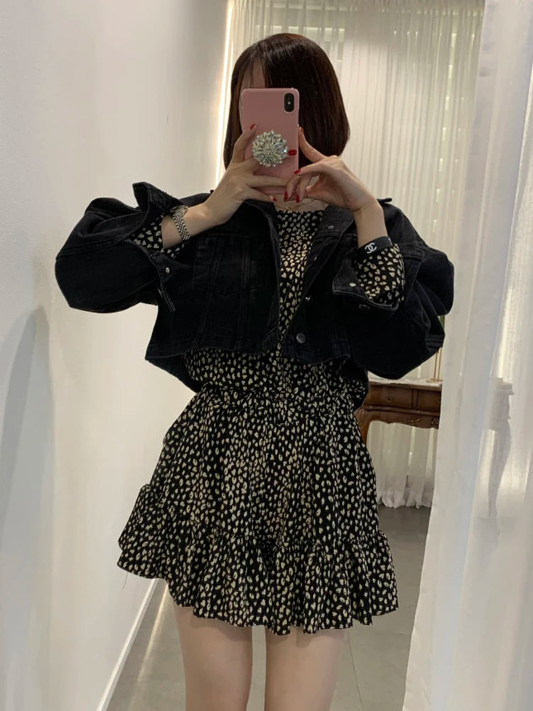 Chicly Vintage Leopard Print Slim Waist Casual Women Dresses Autumn Fashion O-neck Long Sleeve Simple A-line Female Mini Dresses