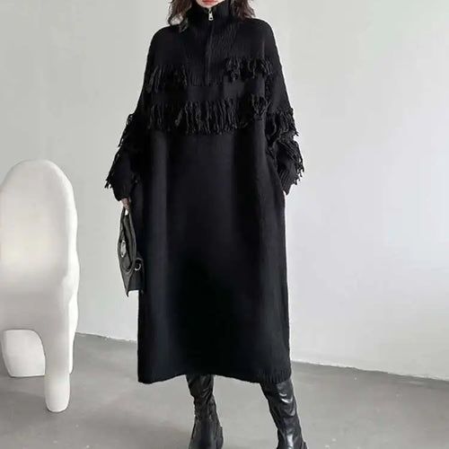 Load image into Gallery viewer, Women Black Tassels Knitting Big Size Midi Dress New Turtleneck Long Sleeve Loose Fit Fashion Spring Autumn 2025 1DH1601
