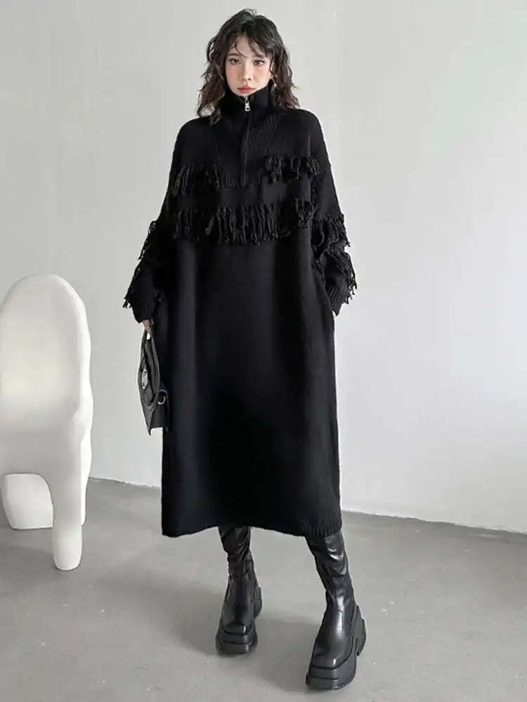 Women Black Tassels Knitting Big Size Midi Dress New Turtleneck Long Sleeve Loose Fit Fashion Spring Autumn 2025 1DH1601