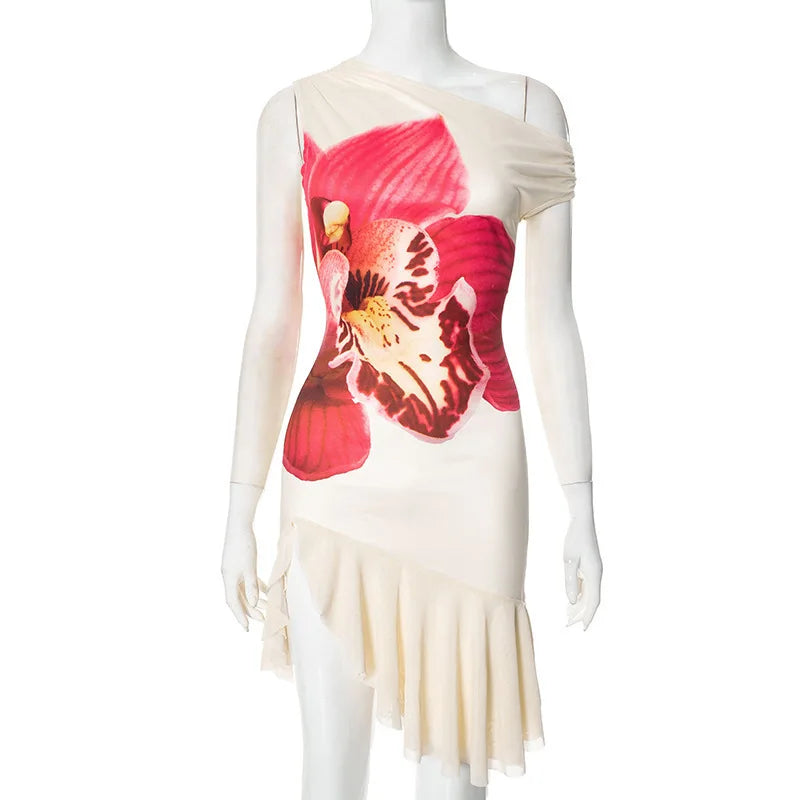 Skew Collar Ruffled Print Sexy Mini Dress For Women Off-shoulder Sleeveless Backless High Waist Printed Dress Vestido