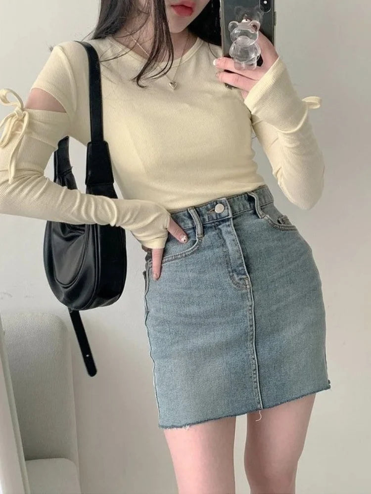 Women Bandage Harajuku Solid T Shirts Female Long Sleeve Tees  2025 Autumn T-shirt Streetwear Y2k All Match Hollow Out Tops