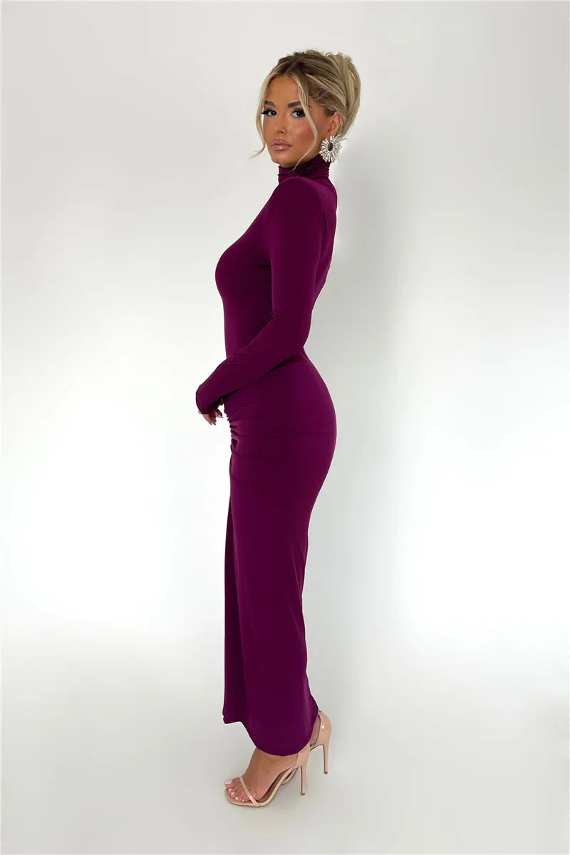 Elegant Turtleneck Long Sleeve Bodycon Maxi Dress Women Autumn Winter New Ruched Club Party Sexy Dress Vestidos