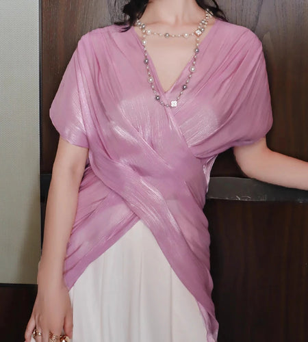 Slimming Sheer Spliced Folds Elegant Blouses for Women V Neck Sleeveless Tunic Fashion Blouse Female Clothing New