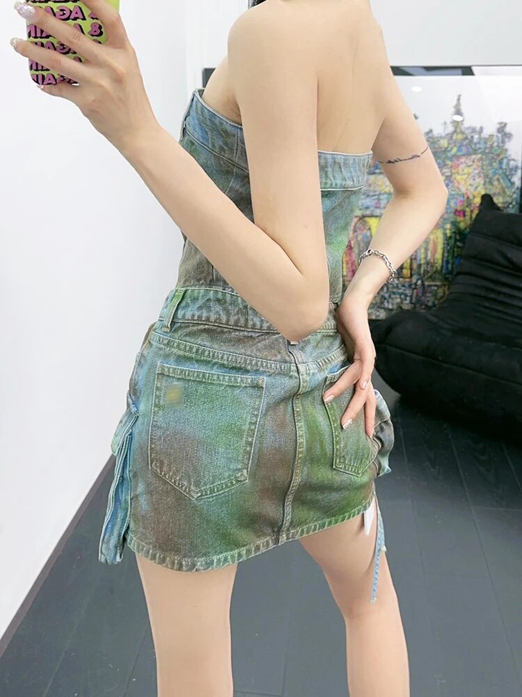 Denim Minimaiist Tank Tops For Women Strapless Sleeveless Patchwork Button Sexy Summer Vest Female Fashion Clothing