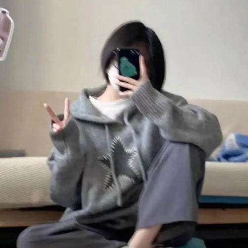 Load image into Gallery viewer, Korean Version Beige Gray Patchwork Drawstring Hoodie Sweater For Women Autumn Winter Thick Long Sleeved Knitted Pullover Tops
