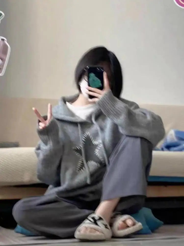 Korean Version Beige Gray Patchwork Drawstring Hoodie Sweater For Women Autumn Winter Thick Long Sleeved Knitted Pullover Tops