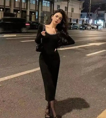 Korean Version Autumn Winter Black Diamond V Neck Elegant Wrap Hip Dress Vintage Women Long Sleeves Festival Knitted Dress 2024