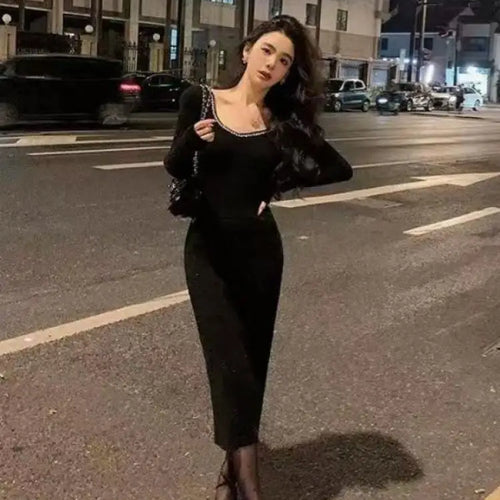 Load image into Gallery viewer, Korean Version Autumn Winter Black Diamond V Neck Elegant Wrap Hip Dress Vintage Women Long Sleeves Festival Knitted Dress 2024
