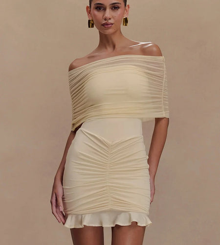 Mesh Strapless Off-shoulder Sexy Ruffled Mini Dress For Women Fashion Backless High Waist Female Ruched Party Dress