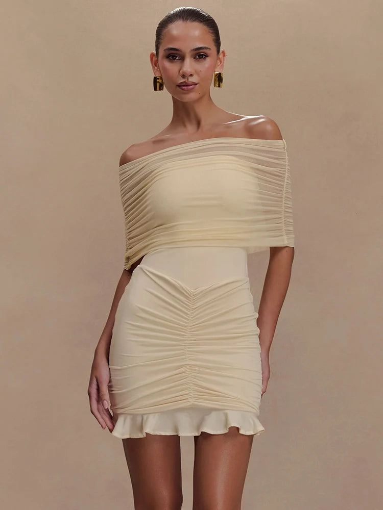 Mesh Strapless Off-shoulder Sexy Ruffled Mini Dress For Women Fashion Backless High Waist Female Ruched Party Dress
