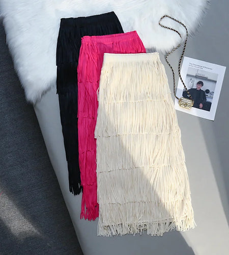 Five-layer Fringed Cake Skirt Women All-match Slim Elastic Waist Design Straight Tube Skirt Tassel Hem Solid Midi Skirts Female