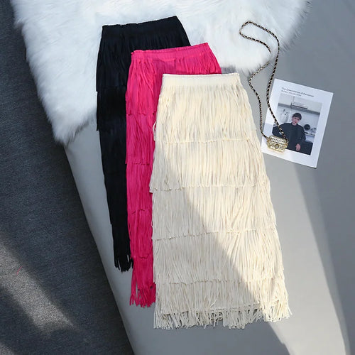 Load image into Gallery viewer, Five-layer Fringed Cake Skirt Women All-match Slim Elastic Waist Design Straight Tube Skirt Tassel Hem Solid Midi Skirts Female
