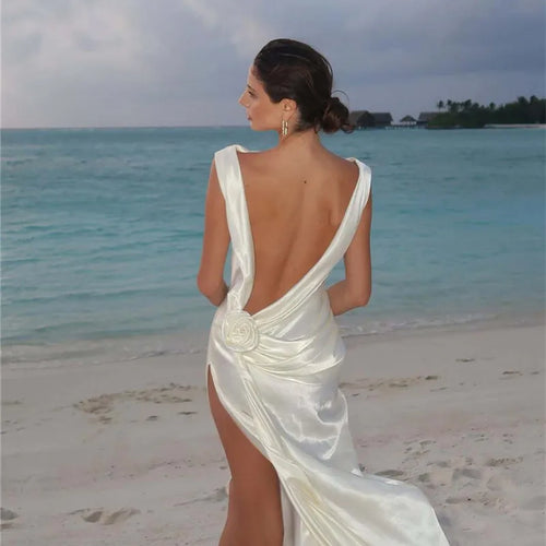 Load image into Gallery viewer, Satin Backless Sexy Maxi Dress For Women Elegant Rose Thigh High Split Beach Holiday Long Dress Gorgeous Club Gown
