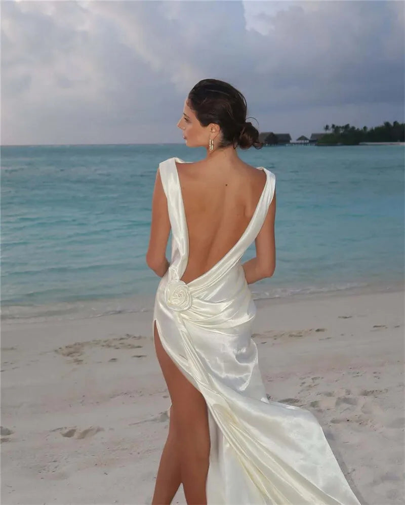 Satin Backless Sexy Maxi Dress For Women Elegant Rose Thigh High Split Beach Holiday Long Dress Gorgeous Club Gown