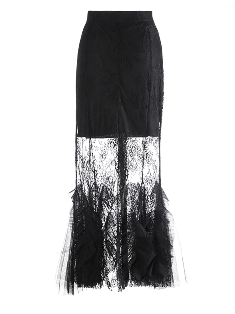 High Waist Black Lace Perspective Embroidery Mermaid Half-body Skirt Women Fashion Tide New Spring Autumn 2025 1DJ0986