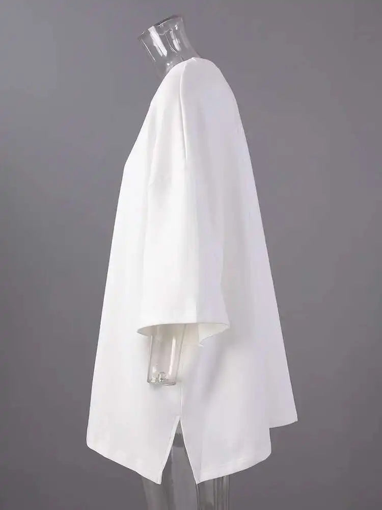 Women Beige Gray Side Slit Big Size Casual T-shirt New Round Neck Half Sleeve Fashion Tide Spring Autumn 2025 1DH6479