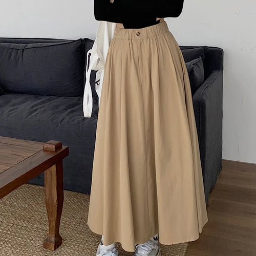 Load image into Gallery viewer, Khaki Elegant Pleated Skirt For Women Pockets Office Ladies Casual A-line Elastic High Waist Black Long Skirt 2023 Autumn Winter
