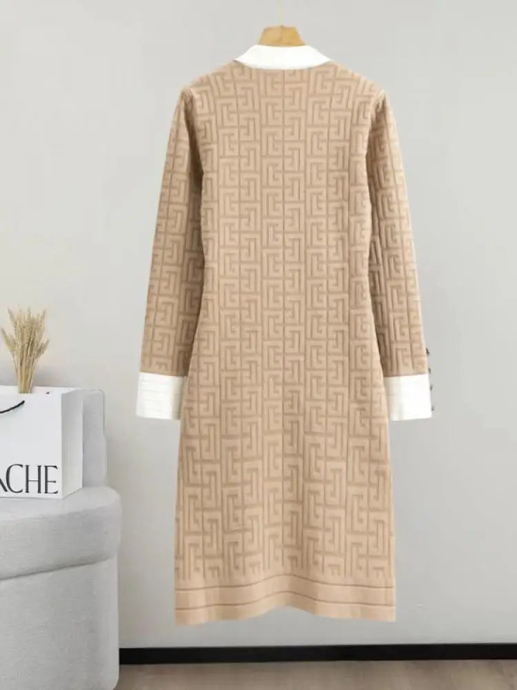 French Patchwork Long Sleeved Lapel Bow Dress Autumn Winter New Temperament Slim Button Knitted A-line Dress Women Chic Clothing