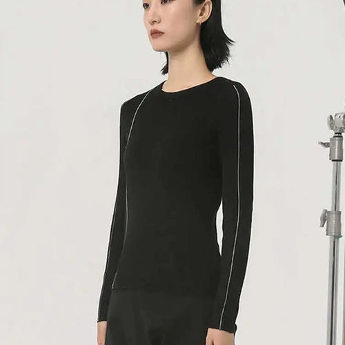 Load image into Gallery viewer, Black Color-block Slim Knitting Sweater Round Neck Long Sleeve Women Pullovers New Fashion Spring Autumn 2025  1DH2083
