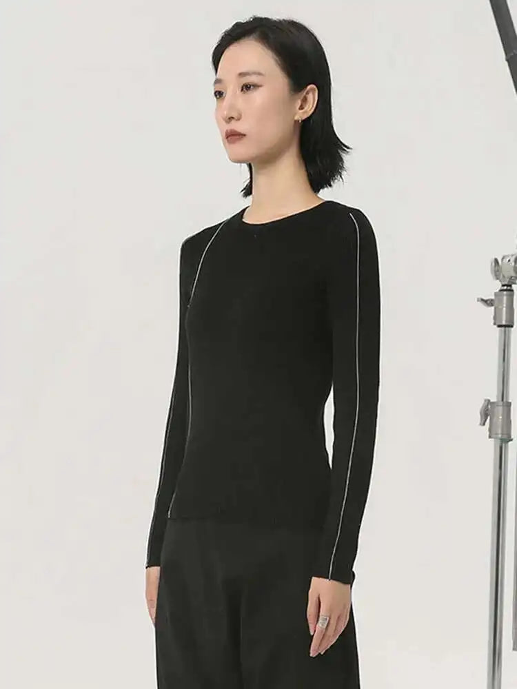Black Color-block Slim Knitting Sweater Round Neck Long Sleeve Women Pullovers New Fashion Spring Autumn 2025  1DH2083