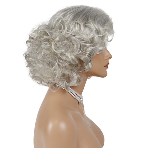 Load image into Gallery viewer, Synthetic Grey Curly Wigs for Women Short Wavy Hairstyles Mommy Wigs with Bangs Thick Fluffy Curls Paula Wigs Costume
