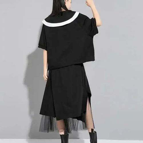 Load image into Gallery viewer, Women Black Color-block Big Size Casual T-shirt New Round Neck Half Sleeve Fashion Tide Spring Summer  2025 1DE7645
