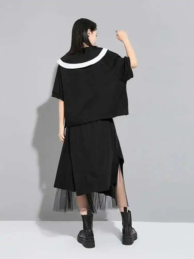 Women Black Color-block Big Size Casual T-shirt New Round Neck Half Sleeve Fashion Tide Spring Summer  2025 1DE7645