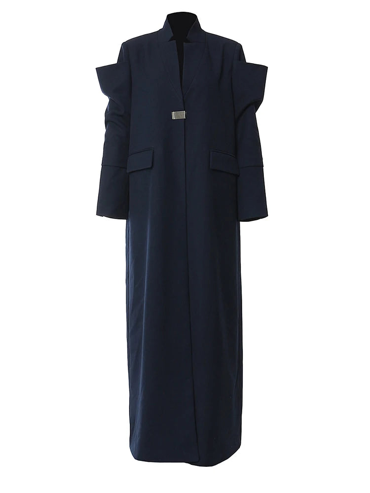 Women Navy Blue Elegant Long Shaped Blazer New Stand Collar Long Sleeve Jacket Fashion Tide Spring Autumn 2025 1DH3989