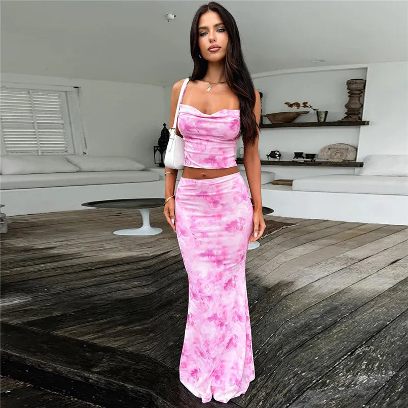 Strapless Print Sexy Two Piece Sets Women Spaghetti Strap Crop Tops And Maxi Skirt Female Elegant Printed 2 Piece Sets