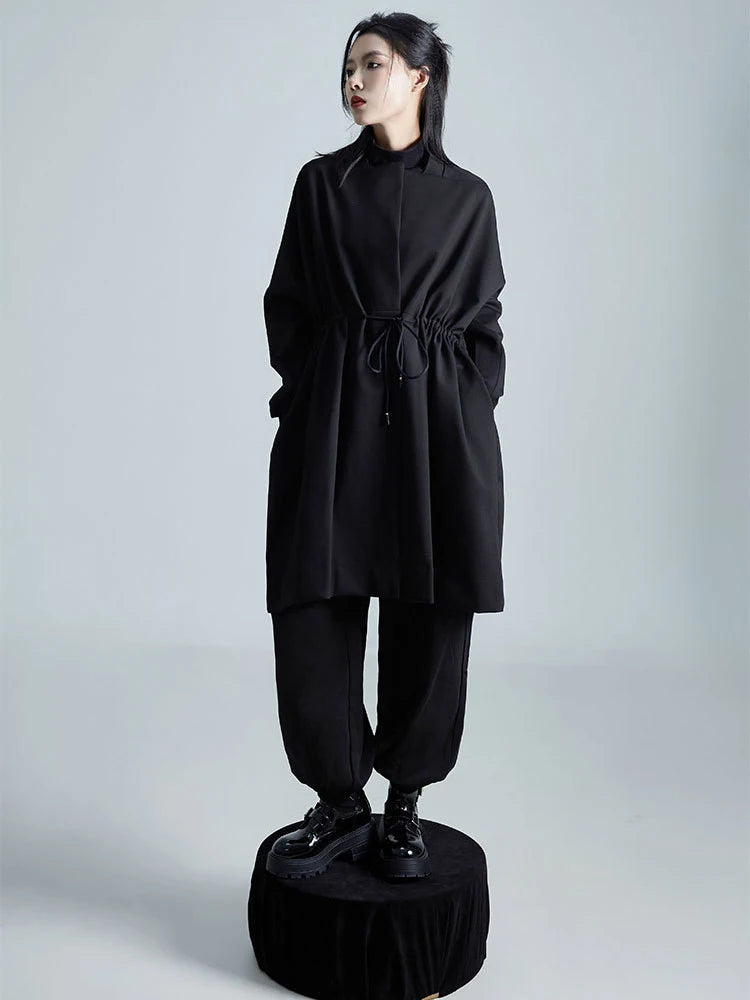 Loose Fit Black Bandage Big Size Long Jacket New O-neck Long Sleeve Women Coat Fashion Tide Spring Autumn 2025 1DH1987