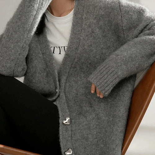 Load image into Gallery viewer, Elegant Fashion Korean Women&#39;s V-neck Knitted Cardigan Autumn Solid Color Loose Long Sleeved Women Sweater Top Simple Sweet
